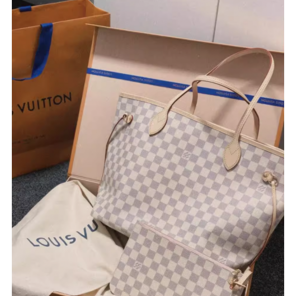 French purchasing LV/Louis Vuitton NEVERFULL MM checkerboard pink inner tote bag shopping bag female
